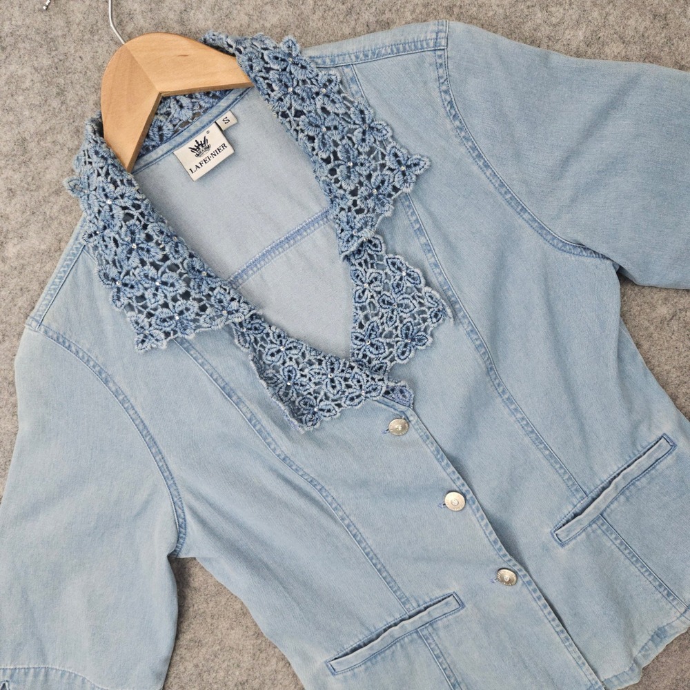 Lafei Nier Denim Shirt Women's Small Blue Crochet Lace Collar Rhinestone Cotton